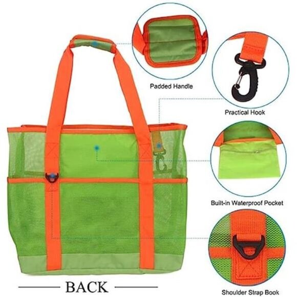 Mesh Beach Bag 40L Large with 9 Pockets Bag Green and Orange - Picture 4 of 6